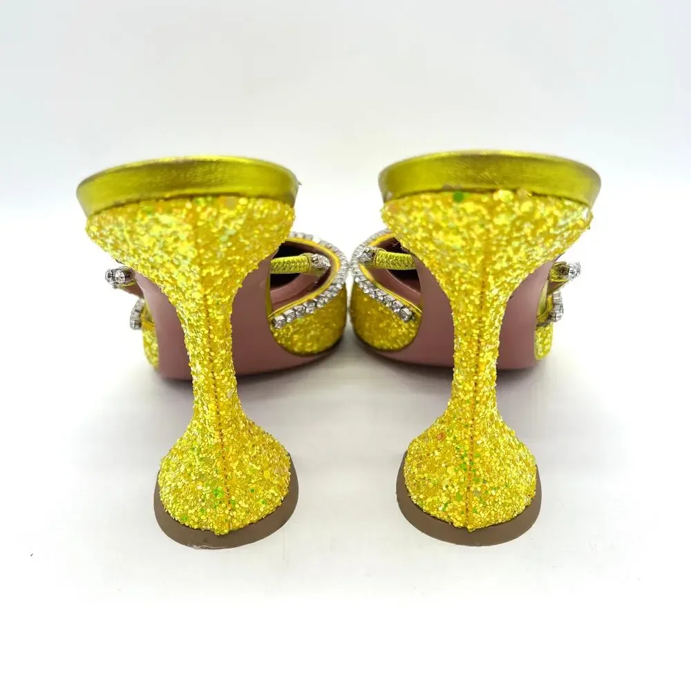 AMINA MUADDI Glitter Gilda Heeled Mule Women 8 Yellow Rhinstone Strap Pointy Toe - Picture 4 of 16